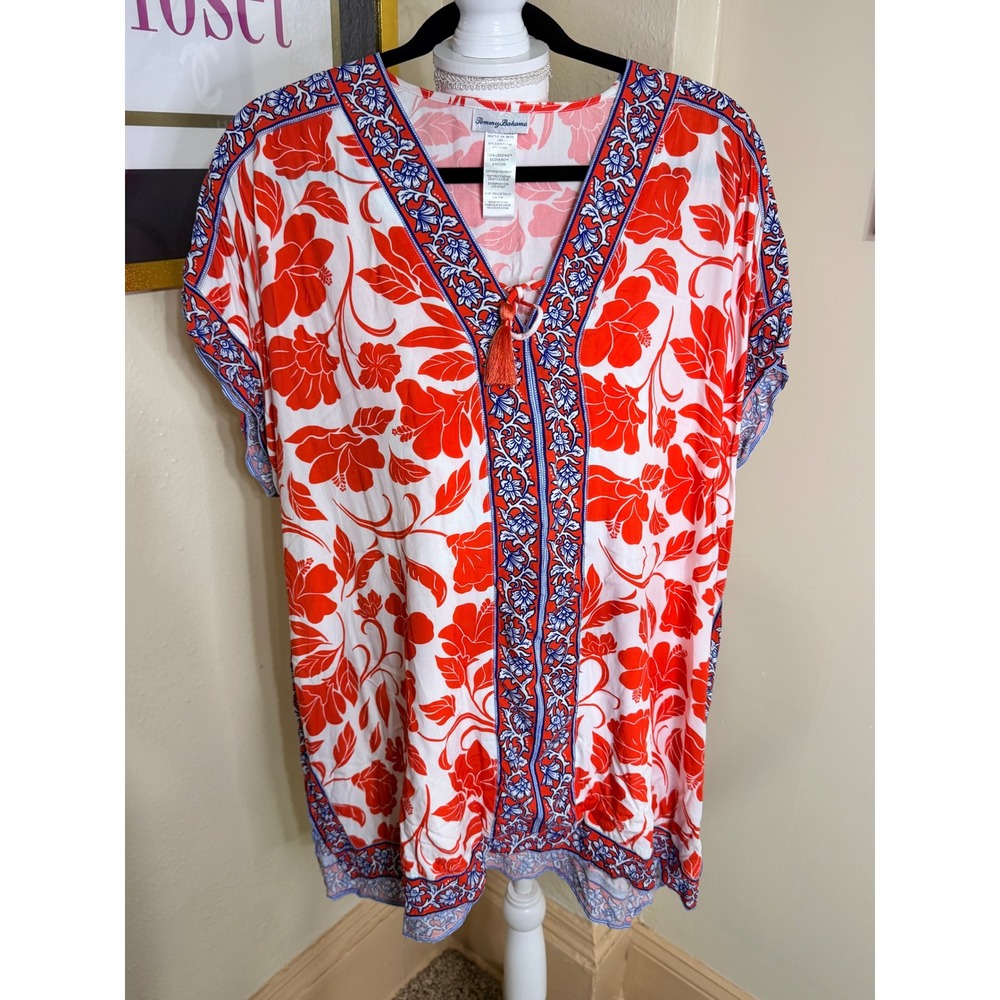 Tommy Bahama Floral Kaftan Cover Up Red White Blue Tassel SS500788 S/M